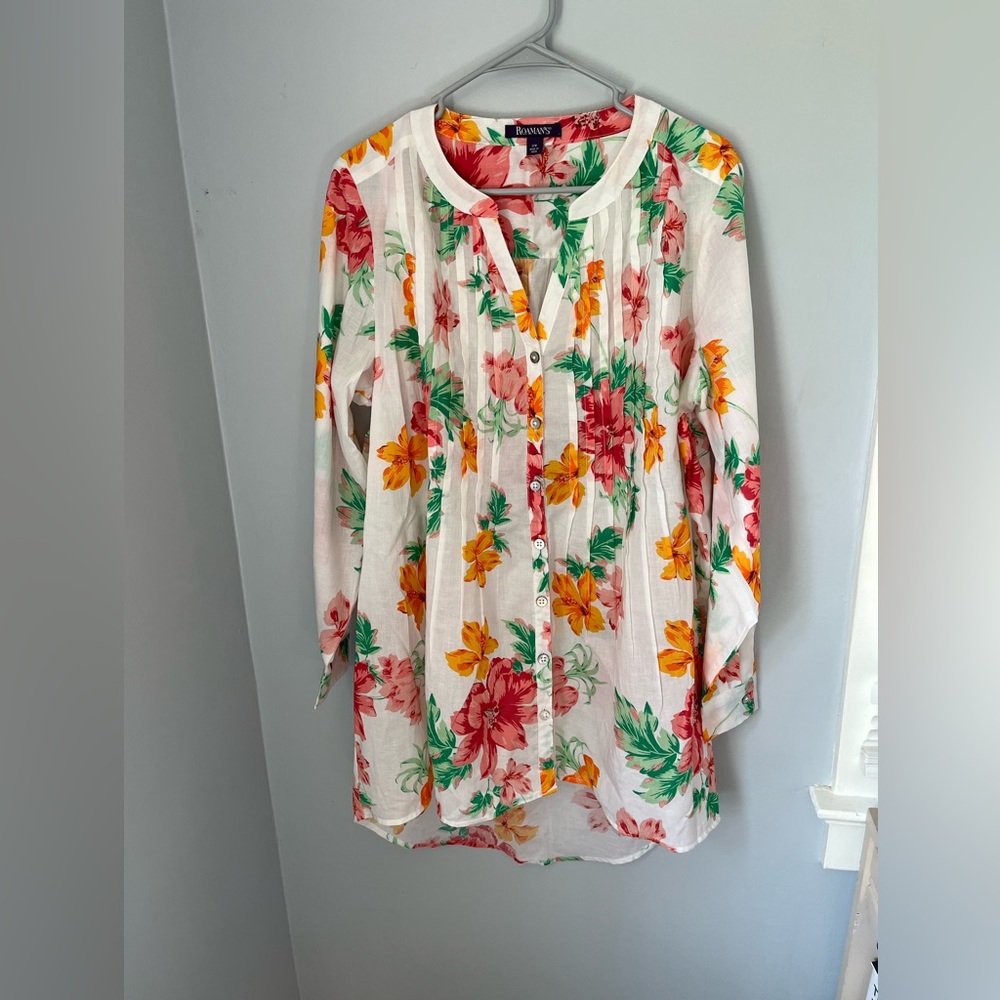 Roaman's White Red and Yellow Relaxed Tunic‎ with Mandarin Collar button down
